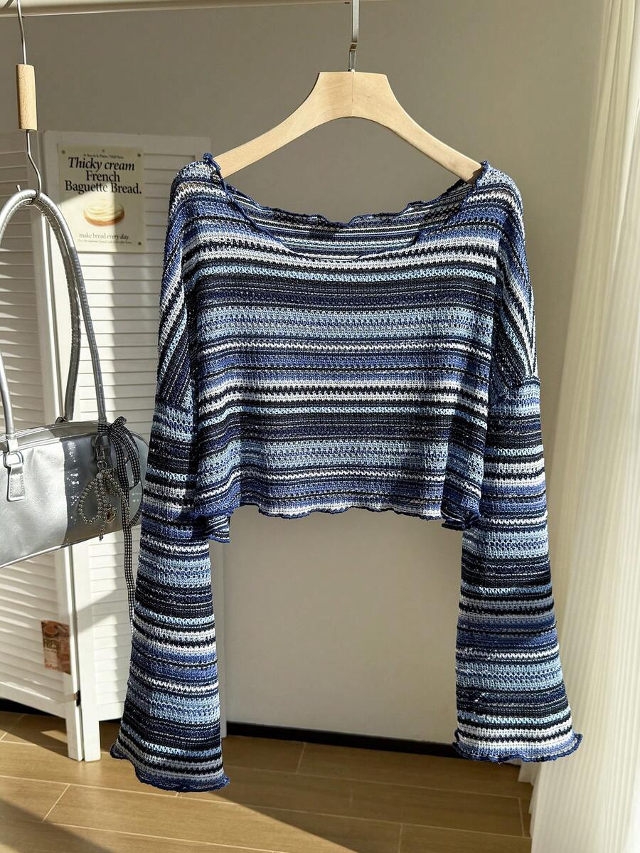 Comfortcana Áo thun nữ cỡ lớn màu xanh trắng thường ngày - Xanh và trắng - Xem 1