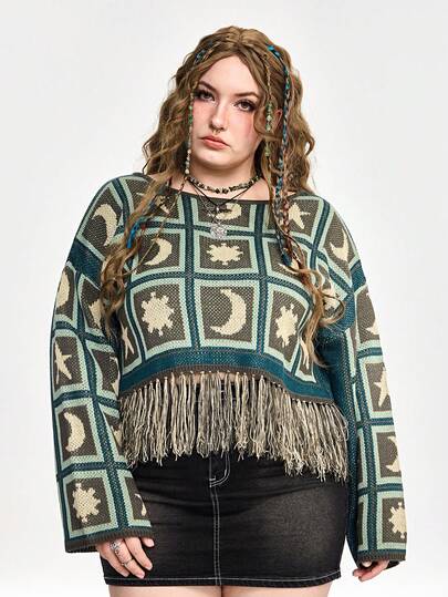 Fairycore Suéter verde de manga larga con flecos de ganchillo con diseño geométrico de luna y estrella, estilo Fairycore, talla grande. Suéter de manga larga de talla grande para mujer, parte superior de suéter para otoño/invierno