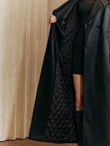 Anewsta Black Fashionable High Collar Double-Breasted PU Padded Long Jacket - Black - View 8