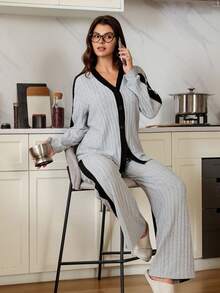 SHEIN Doze Lane 2件套女士休闲格子纽扣前襟撞色包边长袖上衣和裤子睡衣套装家居服女士针织睡衣套装，舒适保暖，秋冬服装 - 淺灰色 - 查看 1