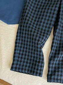 SHEIN 2 件套年轻男孩和兄弟姐妹休闲格子长袖 T 恤和宽松睡衣套装，适合圣诞节、圣诞派对 - 墨綠色 - 查看 5