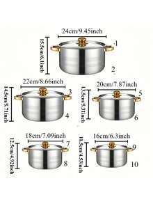 一套10件不锈钢厨具，包括16厘米/18厘米/20厘米/22厘米/24厘米不锈钢锅，5个带盖不锈钢锅，双耳金属盖深汤锅，采用优质钢材制成，多种颜色可选，非常适合家庭烹饪和餐厅使用，可用于制作汤、火锅、面条和海鲜。 - 彩色 - 查看 10