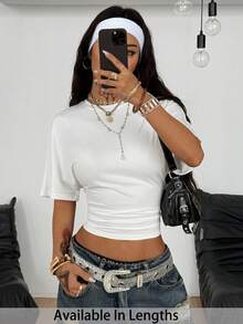 SHEIN Tall CURVE 大码女式简约 Y2K 基本款日常休闲返校街头风弹力白色宽松褶皱短款 T 恤