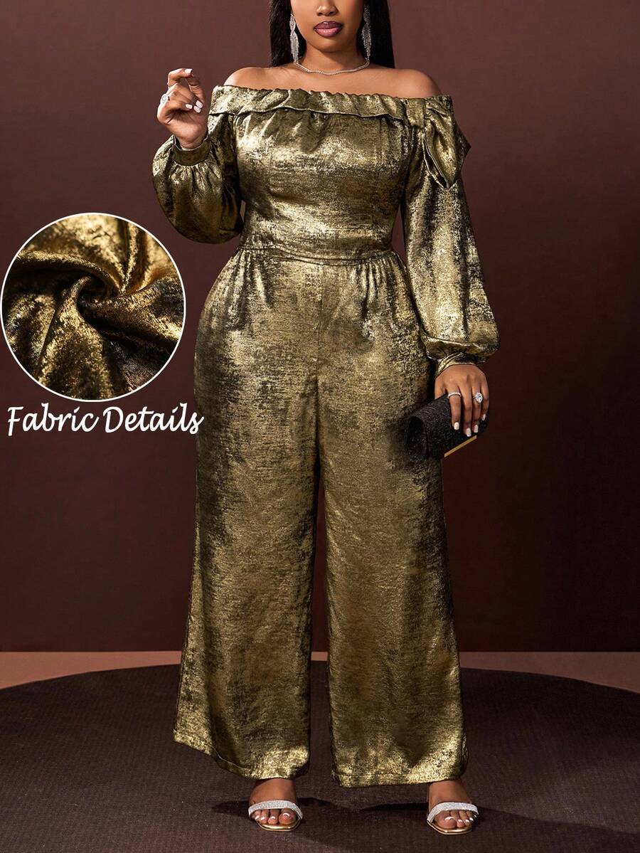 Slaydiva 2025 秋冬大码女装两件套，Y2K 街头风格，斯德哥尔摩时尚，约会夜装，优雅晚会装，性感修身露肩蝴蝶结金色涂层花卉长袖连体裤 - 金色 - 查看 1