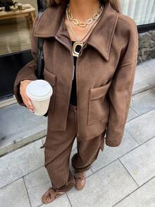 DAZY 女式街头风格休闲拉链夹克和宽松长裤两件套 - 咖啡棕 - 查看 5