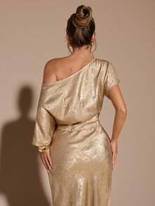SHEIN BAE Áo kiểu nữ màu vàng đồng trơn, chất liệu cao cấp, họa tiết vàng, kiểu vai lệch, thích hợp cho tiệc tùng, đi chơi đêm, phong cách cổ điển, công sở, trang phục công sở thường ngày, ngày lễ tình nhân. - Vàng - Xem 2