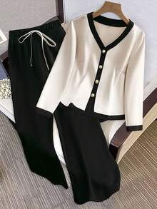 INAWLY 2 件套女士优雅撞色 V 领长袖衬衫和阔腿裤套装 - 黑色 - 查看 3