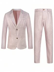 Manfinity Mode 1套前扣口袋长袖西装外套和裤子套装 - 藕粉色 - 查看 3