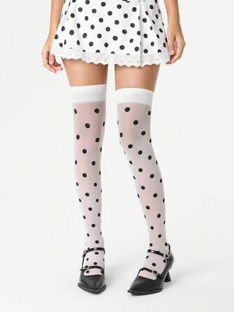 Grunge Punk زوج من جوارب طويلة حتى الركبة بنقشة نقاط صغيرة جميلة، جوارب طويلة بلون أبيض ساده بسيط، جوارب شفافة رفيعة مرنة للارتداء اليومي