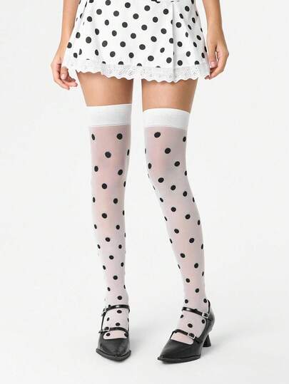 Grunge Punk زوج من جوارب طويلة حتى الركبة بنقشة نقاط صغيرة جميلة، جوارب طويلة بلون أبيض ساده بسيط، جوارب شفافة رفيعة مرنة للارتداء اليومي