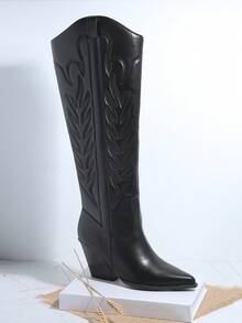 SHUZIA Women Shoes Black Pu Chunky Heel Pointy Toe Women Knee High Boots