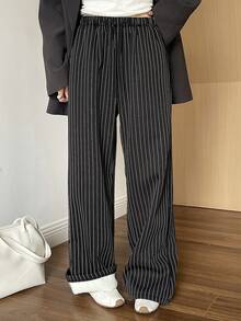 Livesso 女士休闲条纹抽绳直筒裤，宽松商务风，秋冬季保暖内衬 - 黑色 - 查看 7