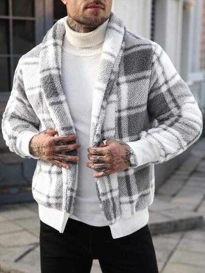 Manfinity CasualCool Jachetă din fleece pentru bărbați, stil casual matur, INS, cel mai bine vândut. Potrivită pentru purtare zilnică, Crăciun, sărbători de Anul Nou, petreceri, cine festive, toamnă/iarnă, jachetă caldă pentru bărbați, stil american, în carouri, colorată, cu mânecă lungă, cadou pentru prieteni, soț, iubit. Jachetă din flanel.