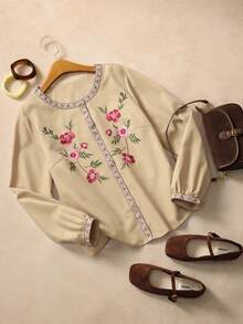 Elaquor Damen Große Größen Bluse mit floraler Stickerei, Rundhalsausschnitt, Ballonärmel, lässig und locker geschnitten - Khaki - Übersicht 5