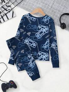 2pcs Boys' Video Game Themed Cool Print Stretchy Knit Fabric Comfortable Soft Long Sleeve Top And Pants Snug Fit Pajama Set Snug Fit - Multicolor - View 2