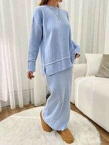 EURMUSE Women Solid Color Round Neck Drop Shoulder Stripe Pattern Pullover & Sweater Skirt Set - Baby Blue - View 5