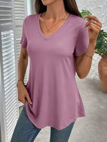 EMERY ROSE Women's Casual Daily Commute Simple Solid Color V-Neck Short Sleeve Loose T-Shirt, Summer - Mauve Purple - View 4