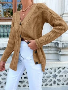 RueChic Cable Knit Drop Shoulder Cardigan - Coffee Brown - View 5