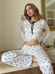 女士蝴蝶结缝线休闲长袖上衣和裤子睡衣套装 秋冬服装 - 白色 - 查看 4