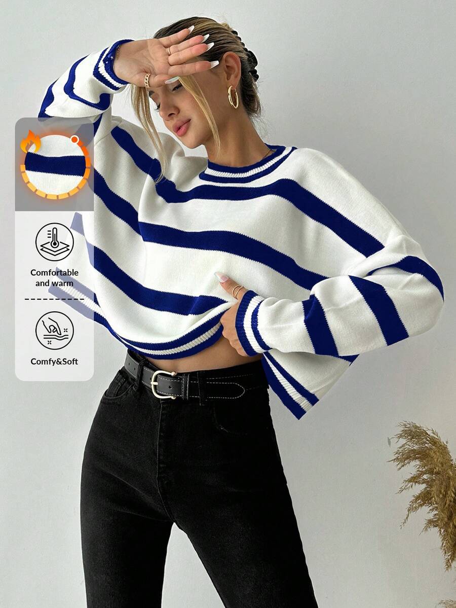 Striped Pattern Drop Shoulder Sweater - Blue and White - View 1