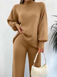 EURMUSE Raglan Sleeve Sweater & Knit Pants Without Belt - Màu Khaki - Xem 3
