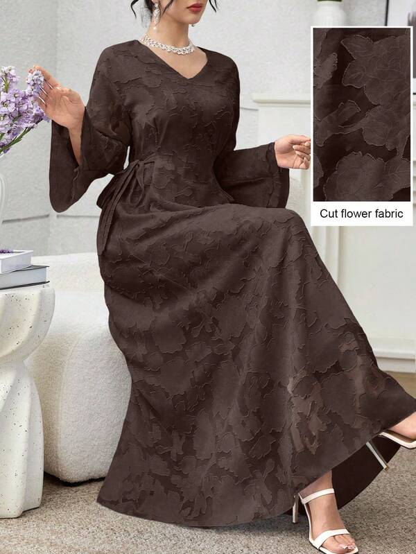 Yasmyna Spring/Autumn Casual Vacation Style Solid Color Cut Flower Fabric V-Neck Flare Sleeve Double Side Tie Arabic Dress