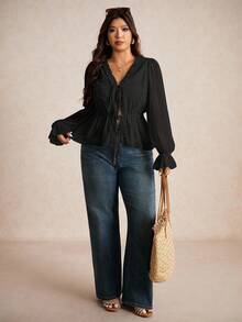 Elaquor Áo sơ mi dài tay đơn sắc, nhún bèo, thường ngày, đa năng, cỡ lớn - màu đen - Xem 1