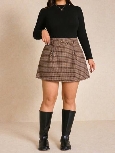 Elaquor Falda acampanada de talla grande con estampado de cuadros vintage para mujer, otoño/invierno