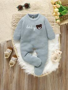 Baby Boys Ice Blue Sweater Jumpsuit With Bear & Letter Embroidery,Cute Round Neck Long Sleeve Knit Romper For Autumn,Family Matching Newborn Clothes - Baby Blue - View 3