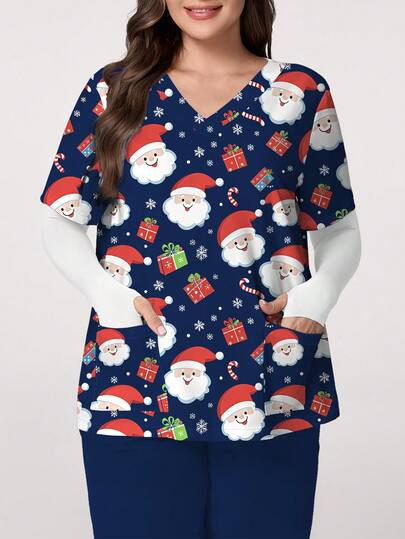 PopScrub 大码女式圣诞老人与礼物卡通全身印花V领短袖制服上衣