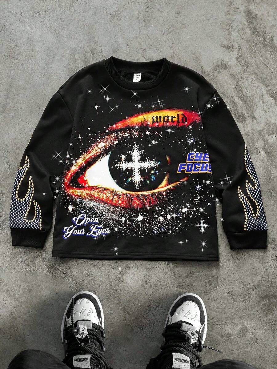 Coolane Kids Tween Boys Fall/Winter,Streetwear Grunge Essentials,Loose Casual Sports Round Neck Printed Sweatshirt Vintage Distressed Eye Graphic Black,Christmas, Clothes For New Year - Black - View 1