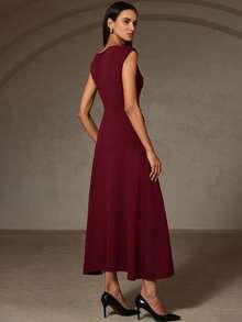 GENKIRA Autumn/Winter Burgundy Wrap-Around Asymmetric Ruched Design Elegant Fitted Maxi Sweater Dress With Decorative Buttons - Burgundy - View 2