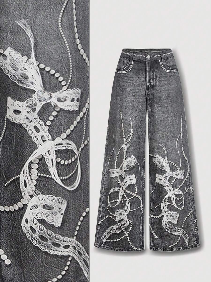 SHEIN MOD Women's Bow Decor Wide Leg Loose Casual Denim Pants Embellished Jeans Jeans With Designs Jeans Wide Leg Graphic Jeans Women Grey Wide Leg Jeans With White Lace And Pearl Embellished Pattern Casual Denim Trousers  Fall Clothes For Women Casual Jeans For Ladies Party Pants Christmas Clothes - Dark Grey - View 1