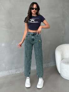 EURMUSE Women's High Waist Pocket Distressed Tapered Casual Jeans - Dusty Blue - View 3
