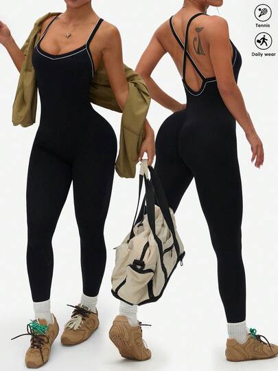 Dewbera 女式无缝黑白交叉连体裤