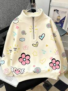SHEIN 青少年女孩花卉心形印花针织休闲套头衫，宽松学院风，秋冬 - 彩色 - 查看 2