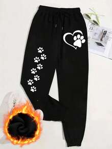 EMERY ROSE Pantalones jogger de talla grande para mujer con estampado de corazón y huellas de animales con cordón en la cintura - Negro - Ver 1