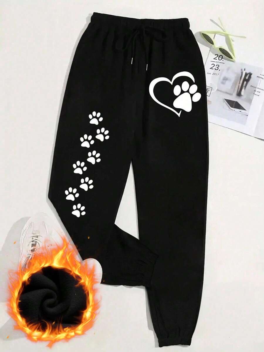 EMERY ROSE Pantalones jogger de talla grande para mujer con estampado de corazón y huellas de animales con cordón en la cintura - Negro - Ver 1