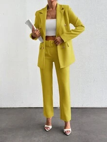 SHEIN Tall Lapel Neck Double Breasted Blazer & Pants - Mustard Yellow - View 7