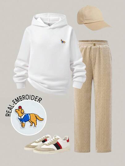 PrepCrw 2pcs Tween Boys Elegant School Style Casual Urban Cute Puppy Graphic White Hoodie And Khaki Ribbed Straight Leg Pants, Suitable For Outings, Gatherings, Back To School, Autumn/Winter Boys Tennis Outfit Boys Golf Outfit Young Boys Tennis Clothes Tween Boys Outfit Boys Casual Outfit Fall,Holiday
