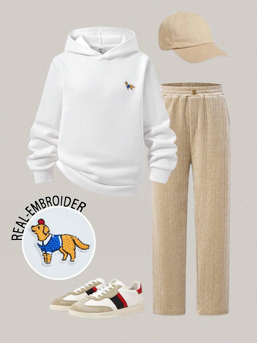 PrepCrw قطعتان من ملابس الأولاد المراهقين بأسلوب مدرسي أنيق وعصري، هوديي أبيض مزين برسم كلب لطيف، وبنطلون ريبد مستقيم الساق بلون كاكي، مناسب للخروجات والتجمعات والعودة للمدرسة في فصلي الخريف والشتاء - متعدد الألوان - مشاهدة 1