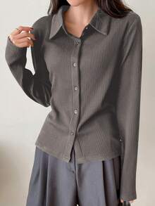 DAZY Women's Solid Color Front Button Casual Long Sleeve T-Shirt - Grey - View 4