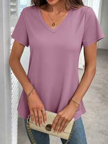EMERY ROSE Women's Casual Daily Commute Simple Solid Color V-Neck Short Sleeve Loose T-Shirt, Summer - Mauve Purple - View 7