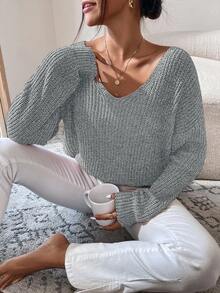 RueChic Solid Color Drop Shoulder Casual Sweater Pullover - Grey - View 5