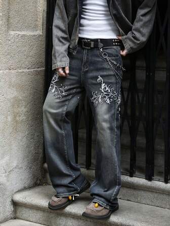 Street Life Jeans droits décontractés pour hommes avec broderie florale de mode de rue, sans ceinture à chaîne