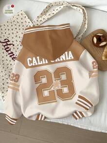 Sudadera holgada de cuello redondo cómoda de punto de manga larga con gráfico de letras y números retro para bebé niña, adecuada para chaquetas de estilo coreano de otoño/invierno, ropa de bebé marrón, sudadera marrón, parte superior marrón - Multicolor - Ver 2