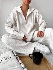 EURMUSE Half Zip Drop Shoulder Sweater & Knit Pants - White - View 6