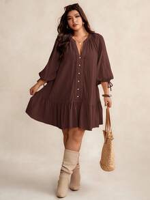 Elaquor Plus Size Casual Solid Color Notched Neck Lantern Sleeve Dress Brown/ Spring To Summer - Brown - View 4