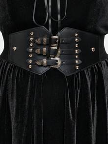 ROMWE Goth 大码哥特式天鹅绒领结优雅连衣裙，适合秋冬季节穿着，也可作为节日礼服。 - 黑色 - 查看 3