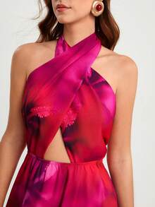 CAJUNI Floral Print Hollow Out Backless Elegant Sleeveless Dress - Red Violet - View 6